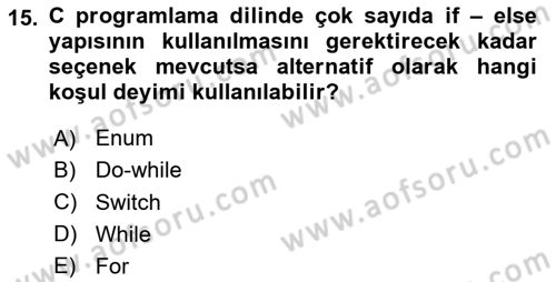 Bilgisayar Ve Programlamaya Giriş Dersi 2023 - 2024 Yılı Yaz Okulu Sınavı 15. Soru