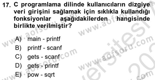 Bilgisayar Ve Programlamaya Giriş Dersi 2023 - 2024 Yılı Yaz Okulu Sınavı 17. Soru