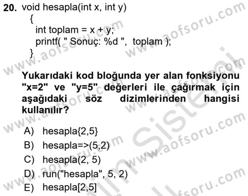 Bilgisayar Ve Programlamaya Giriş Dersi 2023 - 2024 Yılı Yaz Okulu Sınavı 20. Soru