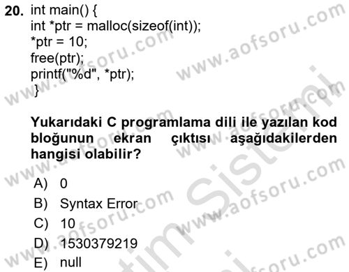 Bilgisayar Ve Programlamaya Giriş Dersi 2024 - 2025 Yılı (Final) Dönem Sonu Sınav Soruları 20. Soru