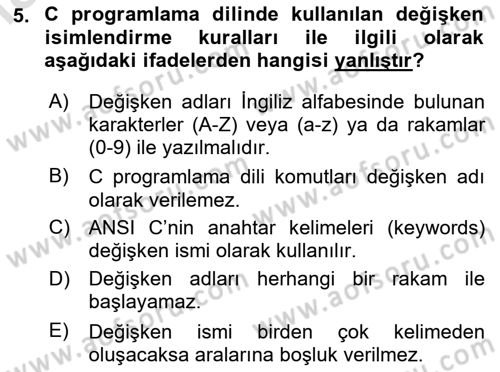Bilgisayar Ve Programlamaya Giriş Dersi 2024 - 2025 Yılı (Final) Dönem Sonu Sınav Soruları 5. Soru