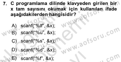 Bilgisayar Ve Programlamaya Giriş Dersi 2024 - 2025 Yılı (Final) Dönem Sonu Sınav Soruları 7. Soru
