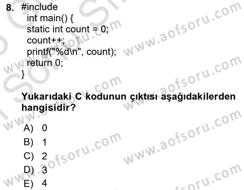 Bilgisayar Ve Programlamaya Giriş Dersi 2024 - 2025 Yılı (Final) Dönem Sonu Sınav Soruları 8. Soru
