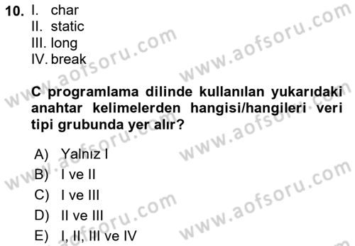 Bilgisayar Ve Programlamaya Giriş Dersi 2024 - 2025 Yılı Yaz Okulu Sınav Soruları 10. Soru