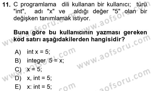 Bilgisayar Ve Programlamaya Giriş Dersi 2024 - 2025 Yılı Yaz Okulu Sınav Soruları 11. Soru