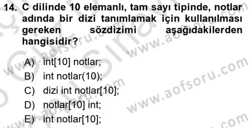 Bilgisayar Ve Programlamaya Giriş Dersi 2025 - 2026 Yılı (Final) Dönem Sonu Sınav Soruları 14. Soru