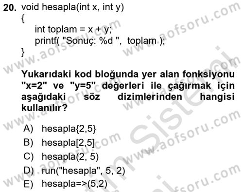 Bilgisayar Ve Programlamaya Giriş Dersi 2025 - 2026 Yılı (Final) Dönem Sonu Sınav Soruları 20. Soru