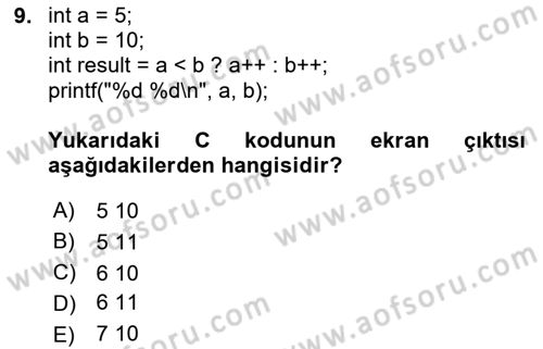 Bilgisayar Ve Programlamaya Giriş Dersi 2025 - 2026 Yılı (Final) Dönem Sonu Sınav Soruları 9. Soru