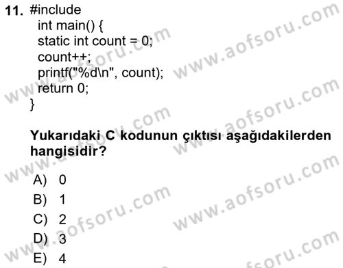 Bilgisayar Ve Programlamaya Giriş Dersi 2025 - 2026 Yılı Yaz Okulu Sınav Soruları 11. Soru