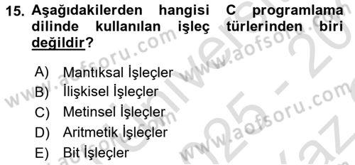 Bilgisayar Ve Programlamaya Giriş Dersi 2025 - 2026 Yılı Yaz Okulu Sınav Soruları 15. Soru