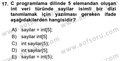 Bilgisayar Ve Programlamaya Giriş Dersi 2025 - 2026 Yılı Yaz Okulu Sınav Soruları 17. Soru