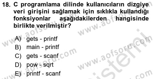 Bilgisayar Ve Programlamaya Giriş Dersi 2025 - 2026 Yılı Yaz Okulu Sınav Soruları 18. Soru