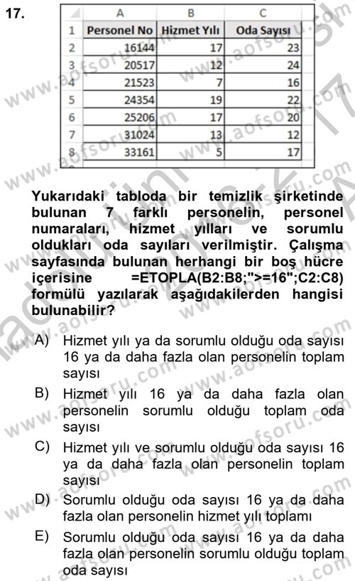 İşletme Analitiği Dersi 2016 - 2017 Yılı (Vize) Ara Sınav Soruları 17. Soru