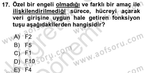 İşlem Tabloları Dersi 2016 - 2017 Yılı (Vize) Ara Sınav Soruları 17. Soru
