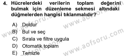 İşlem Tabloları Dersi Ara Sınavı Deneme Sınav Soruları 4. Soru
