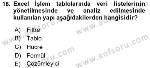 İşlem Tabloları Dersi 2016 - 2017 Yılı (Final) Dönem Sonu Sınav Soruları 18. Soru