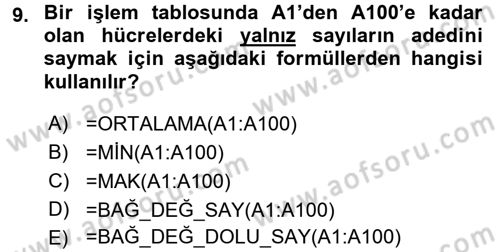 İşlem Tabloları Dersi 2016 - 2017 Yılı (Final) Dönem Sonu Sınav Soruları 9. Soru