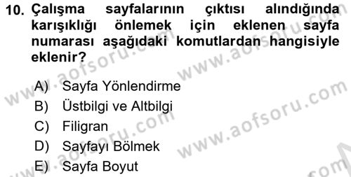 İşlem Tabloları Dersi 2017 - 2018 Yılı (Vize) Ara Sınav Soruları 10. Soru