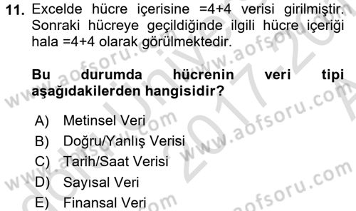 İşlem Tabloları Dersi 2017 - 2018 Yılı (Vize) Ara Sınav Soruları 11. Soru