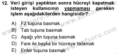İşlem Tabloları Dersi 2017 - 2018 Yılı (Vize) Ara Sınav Soruları 12. Soru