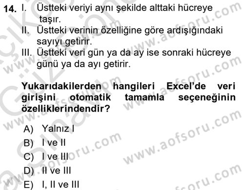 İşlem Tabloları Dersi Ara Sınavı Deneme Sınav Soruları 14. Soru