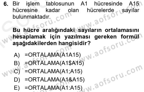 İşlem Tabloları Dersi 2017 - 2018 Yılı (Final) Dönem Sonu Sınav Soruları 6. Soru