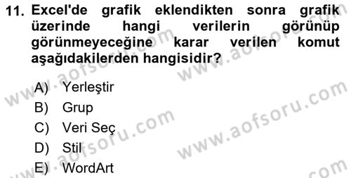 İşlem Tabloları Dersi 2018 - 2019 Yılı 3 Ders Sınav Soruları 11. Soru