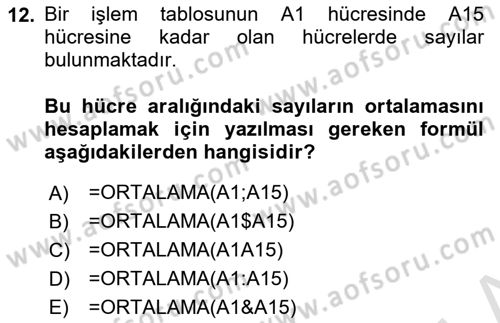 İşlem Tabloları Dersi 2018 - 2019 Yılı 3 Ders Sınav Soruları 12. Soru