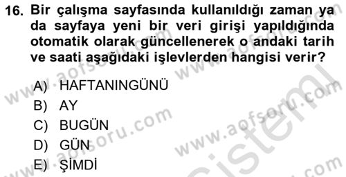 İşlem Tabloları Dersi 2018 - 2019 Yılı 3 Ders Sınav Soruları 16. Soru