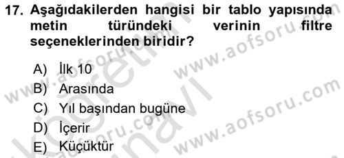 İşlem Tabloları Dersi 2018 - 2019 Yılı 3 Ders Sınav Soruları 17. Soru