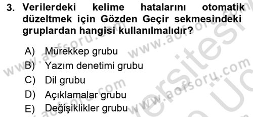 İşlem Tabloları Dersi 2018 - 2019 Yılı 3 Ders Sınav Soruları 3. Soru