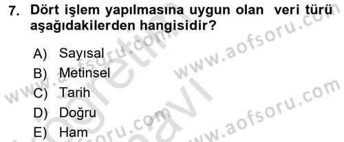 İşlem Tabloları Dersi 2018 - 2019 Yılı 3 Ders Sınavı 7. Soru