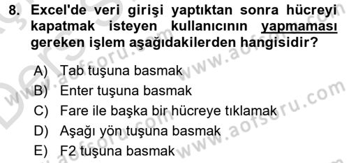 İşlem Tabloları Dersi 2018 - 2019 Yılı 3 Ders Sınav Soruları 8. Soru