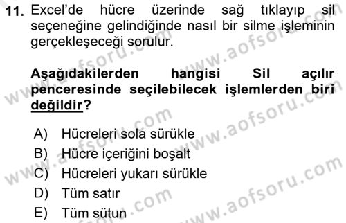 İşlem Tabloları Dersi Ara Sınavı Deneme Sınav Soruları 11. Soru