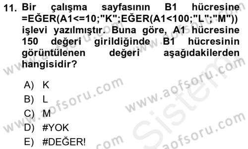 İşlem Tabloları Dersi 2018 - 2019 Yılı (Final) Dönem Sonu Sınav Soruları 11. Soru