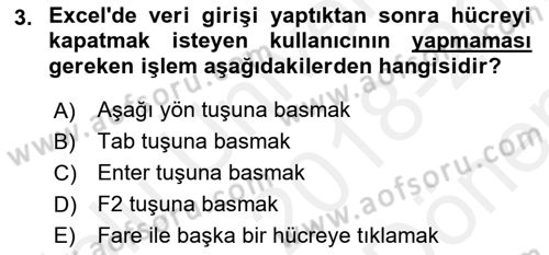 İşlem Tabloları Dersi 2018 - 2019 Yılı (Final) Dönem Sonu Sınav Soruları 3. Soru