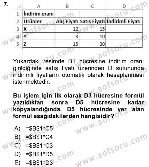 İşlem Tabloları Dersi 2018 - 2019 Yılı (Final) Dönem Sonu Sınav Soruları 7. Soru