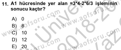 İşlem Tabloları Dersi 2018 - 2019 Yılı Yaz Okulu Sınav Soruları 11. Soru