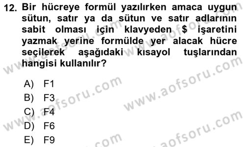 İşlem Tabloları Dersi 2018 - 2019 Yılı Yaz Okulu Sınav Soruları 12. Soru
