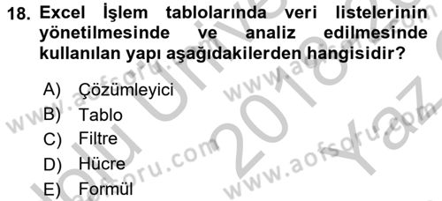 İşlem Tabloları Dersi 2018 - 2019 Yılı Yaz Okulu Sınav Soruları 18. Soru