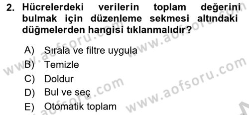 İşlem Tabloları Dersi 2018 - 2019 Yılı Yaz Okulu Sınav Soruları 2. Soru