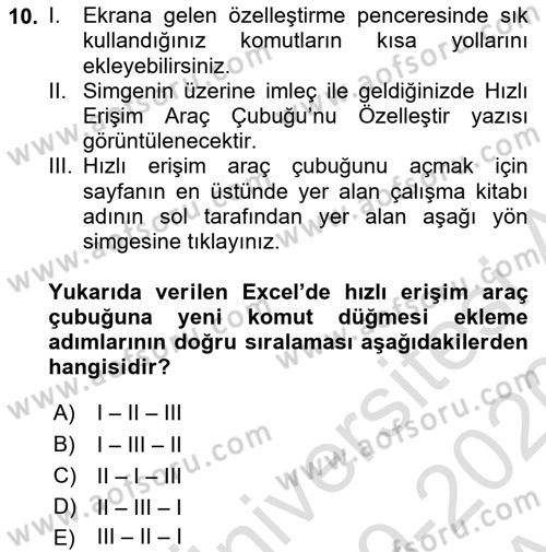İşlem Tabloları Dersi Ara Sınavı Deneme Sınav Soruları 10. Soru