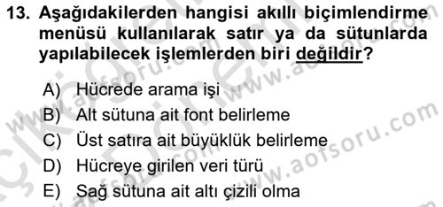 İşlem Tabloları Dersi Ara Sınavı Deneme Sınav Soruları 13. Soru