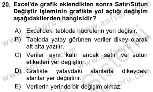 İşlem Tabloları Dersi Ara Sınavı Deneme Sınav Soruları 20. Soru