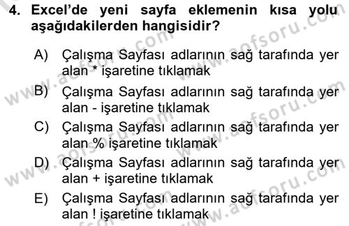 İşlem Tabloları Dersi Ara Sınavı Deneme Sınav Soruları 4. Soru