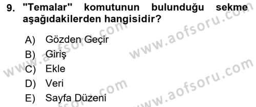 İşlem Tabloları Dersi Ara Sınavı Deneme Sınav Soruları 9. Soru