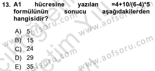 İşlem Tabloları Dersi 2020 - 2021 Yılı Yaz Okulu Sınav Soruları 13. Soru