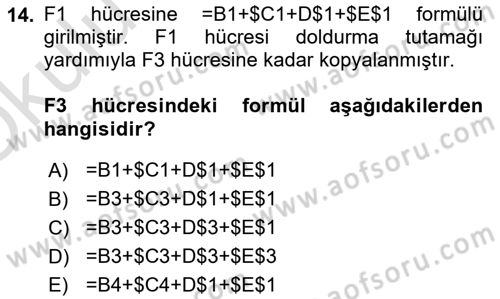 İşlem Tabloları Dersi 2020 - 2021 Yılı Yaz Okulu Sınav Soruları 14. Soru