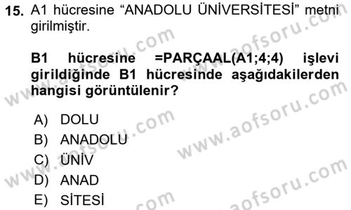 İşlem Tabloları Dersi 2020 - 2021 Yılı Yaz Okulu Sınav Soruları 15. Soru