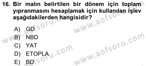 İşlem Tabloları Dersi 2020 - 2021 Yılı Yaz Okulu Sınav Soruları 16. Soru
